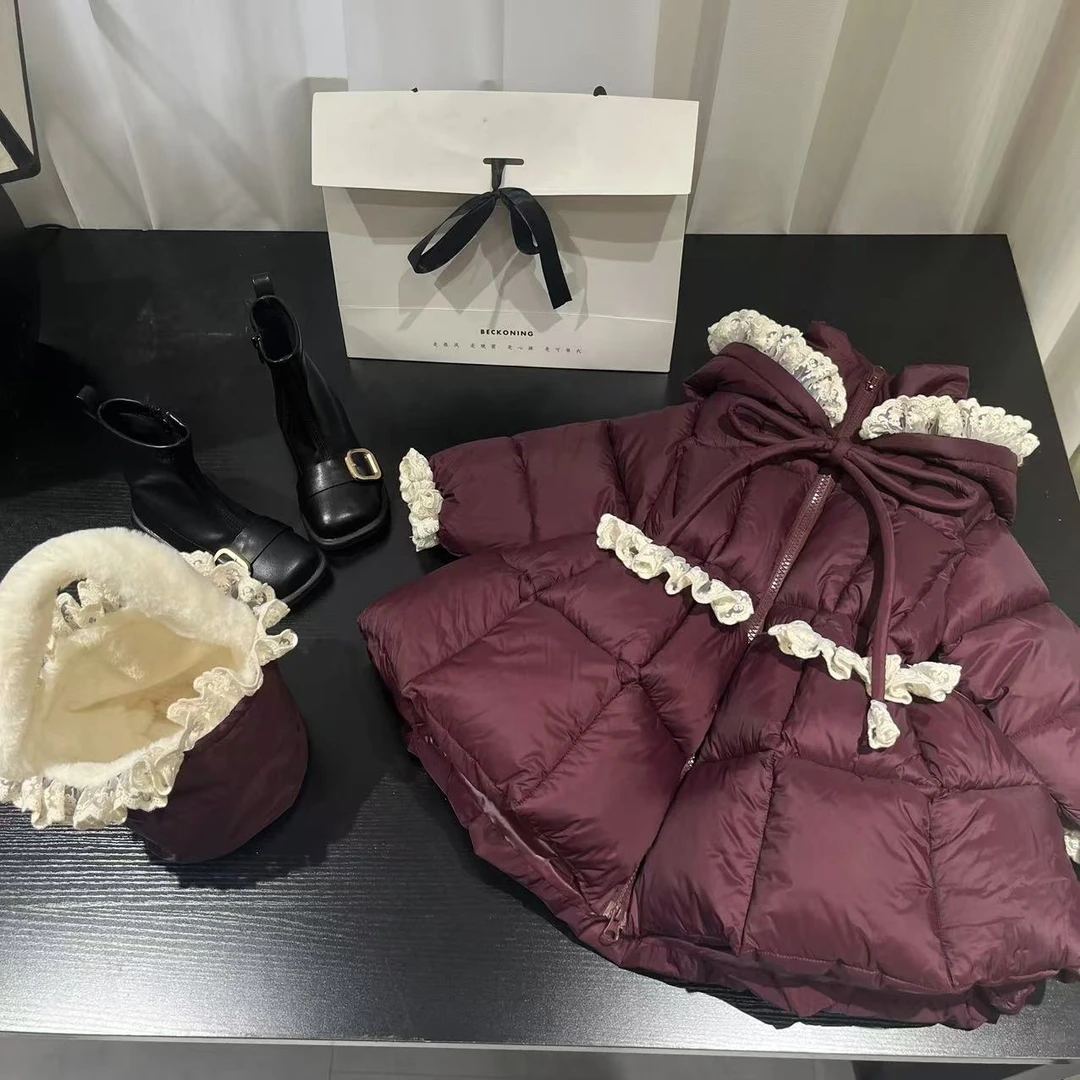 【3红】小众设计冬季蕾丝花边束腰加棉加厚棉服外套