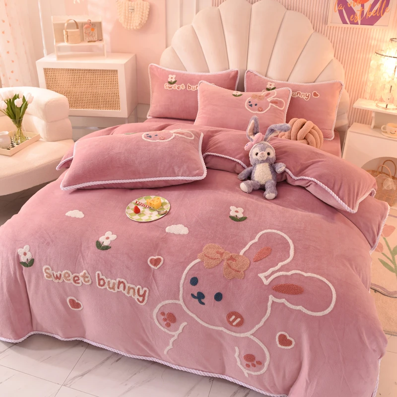 冬天加厚牛奶绒四件套加绒双面绒被套床上用品三件套可爱兔子被套