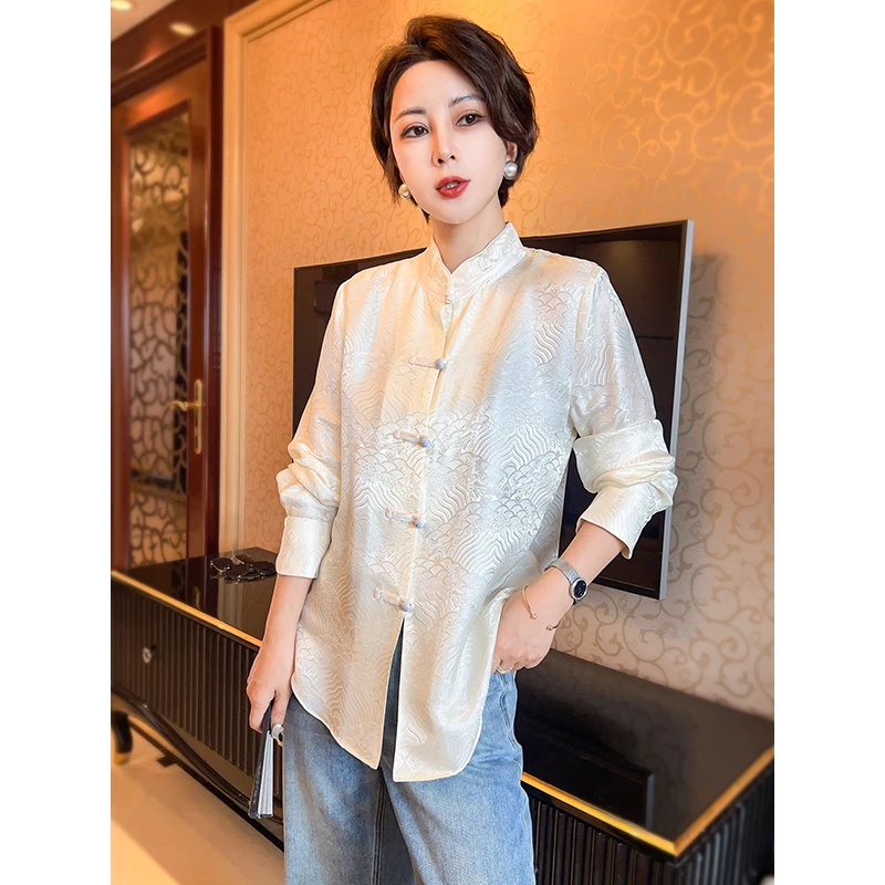 新中式衬衫新款提花气质百搭小衫女24081619