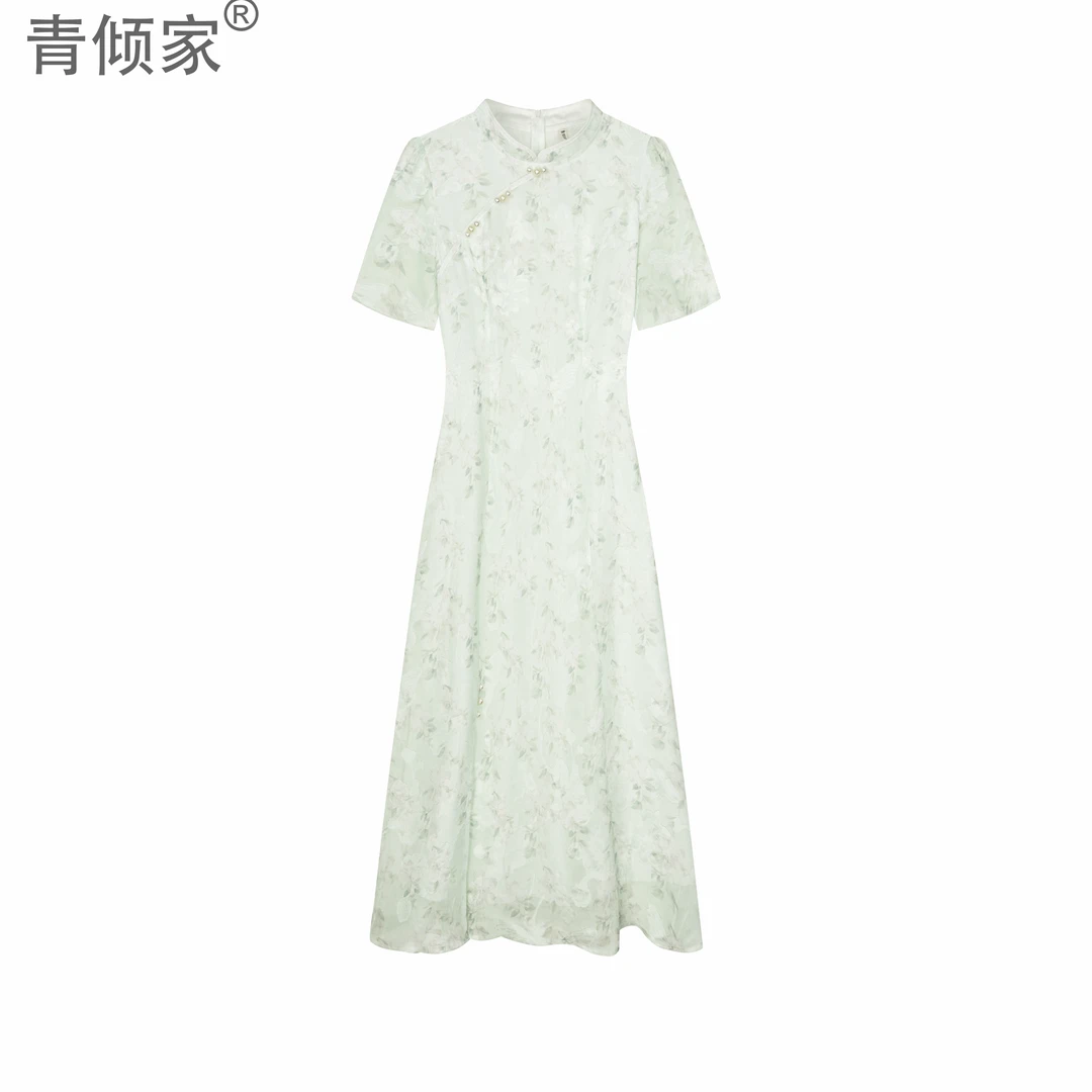 青倾家【馥芮白茶】夏季新款旗袍裙子减龄印花新中式打底衫连衣裙