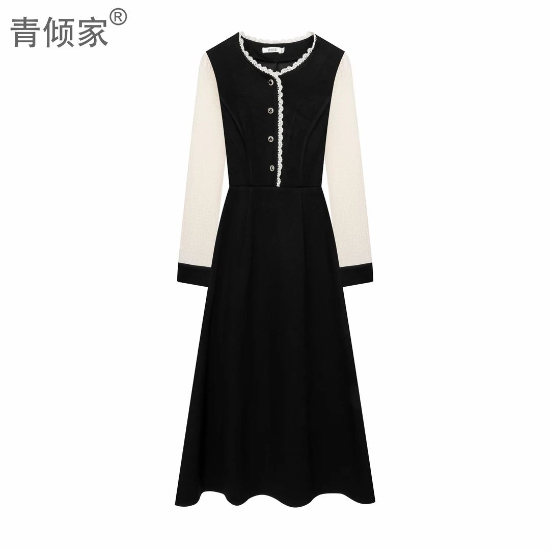 【保价双11】青倾家【湖泊鸢语】秋冬拼接长袖显瘦时尚气质假两件裙子