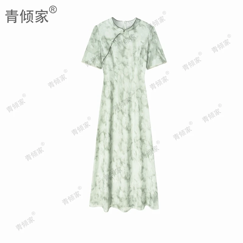 青倾家【琉璃影】国风年轻款小清新甜美雪纺旗袍连衣裙