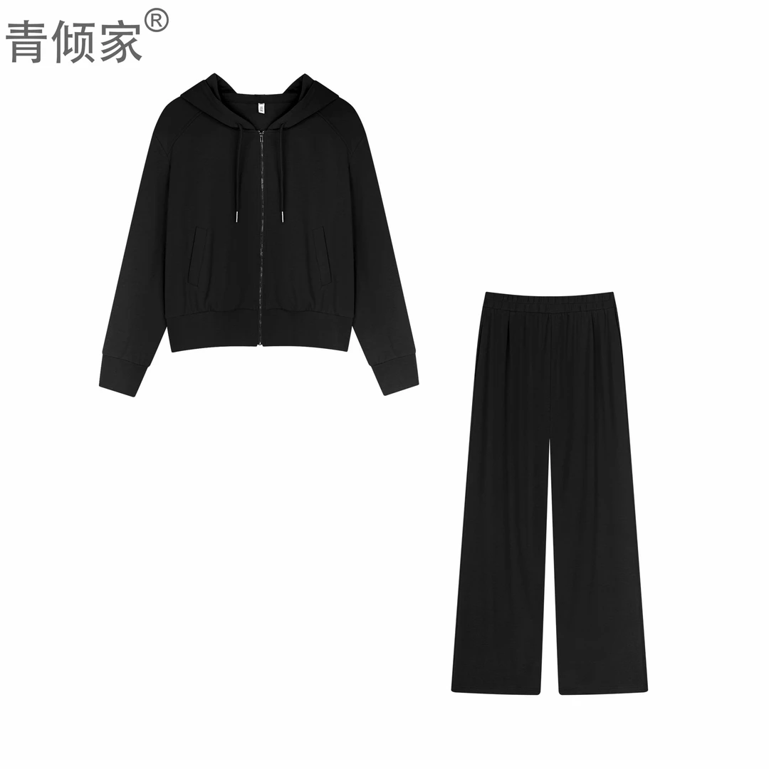 青倾家【暮秋晚风】秋季时尚休闲运动长袖连帽卫衣外套阔腿裤两件套