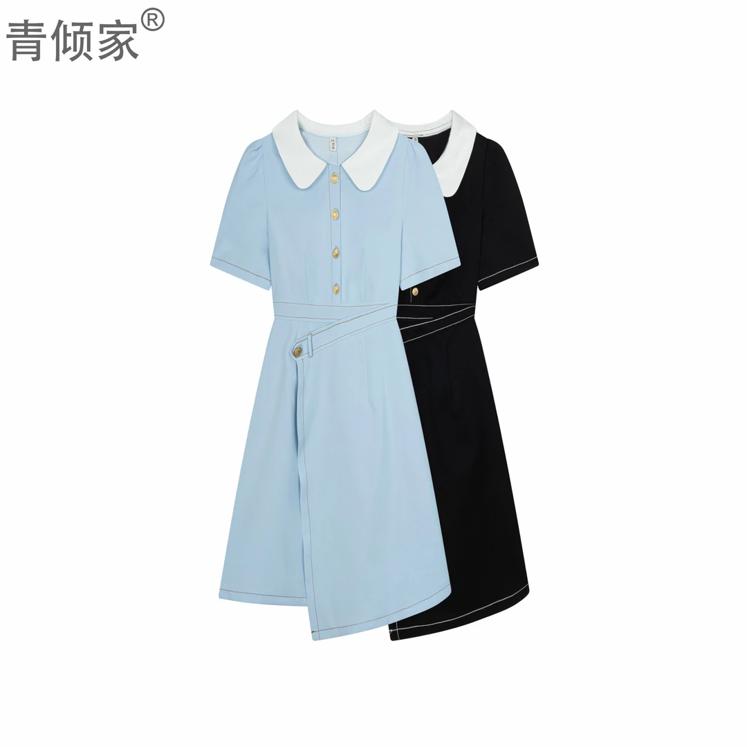 青倾家【海盐薄荷】夏季蓝色学院风翻领收腰女不规则休闲连衣裙
