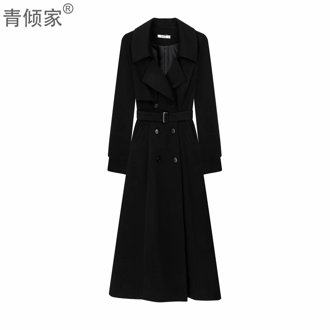 青倾家【晚风吹竹】秋冬韩版气质宽松过膝双排扣翻领中长款毛呢外套