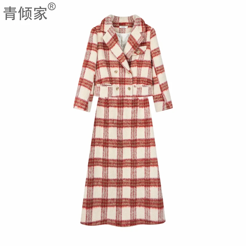 冬装搭配休闲红色格纹小香风韩剧女主穿搭套装【青倾家】