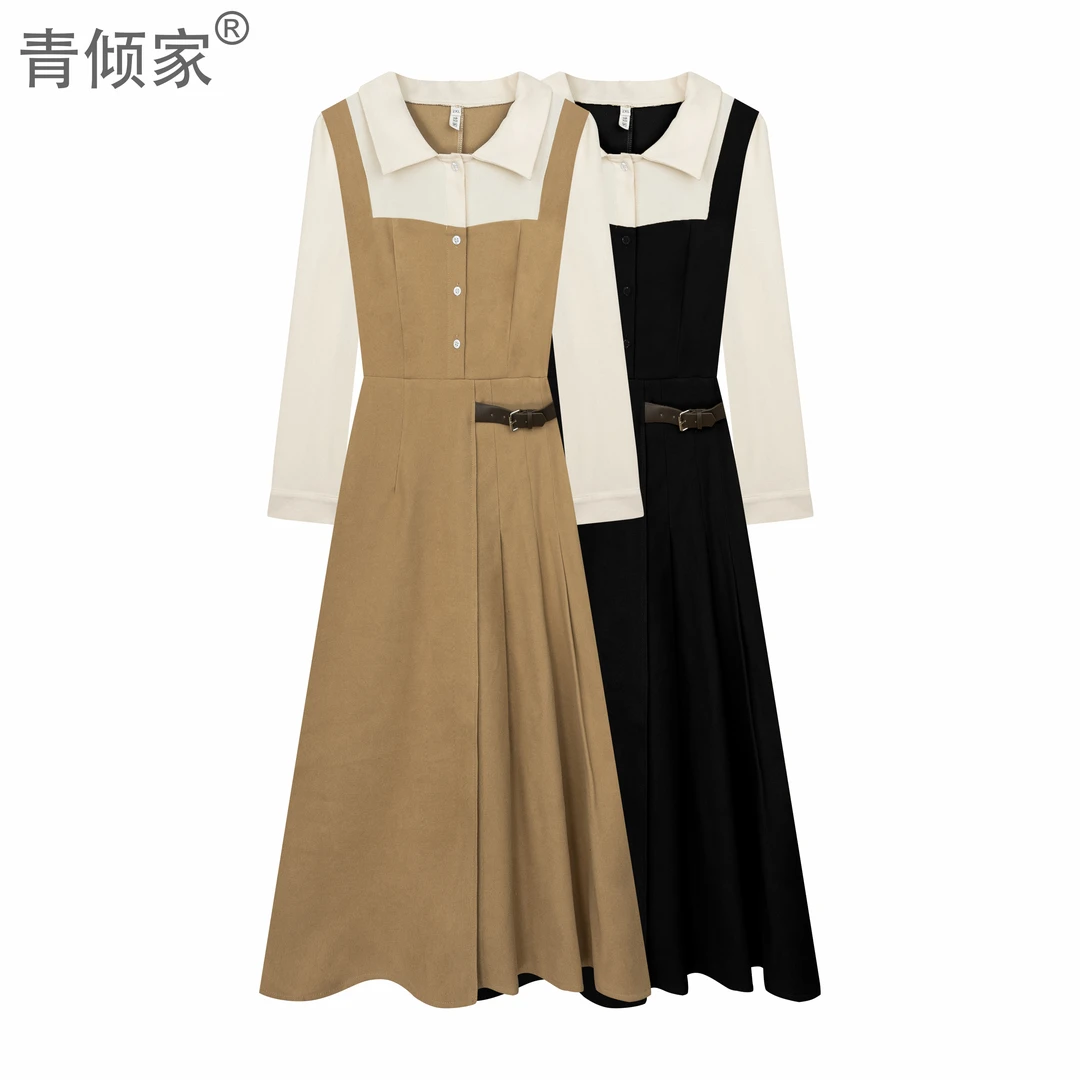 青倾家【秋暮书怀】秋冬polo领长袖学院风百褶裙显瘦裙子