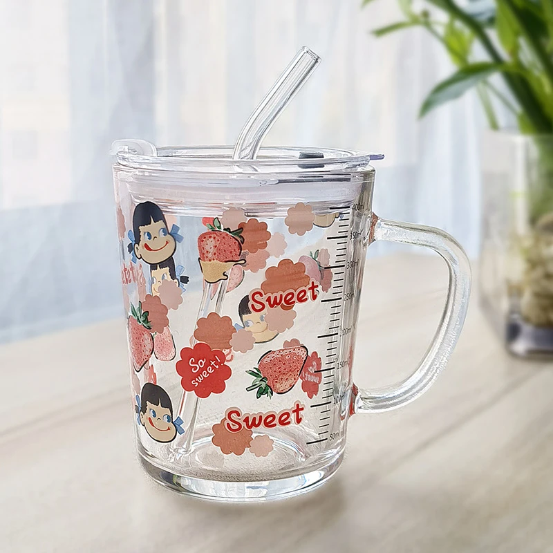 玻璃杯牛奶早餐杯ins吸管杯可爱卡通印花儿童刻度杯子加盖勺