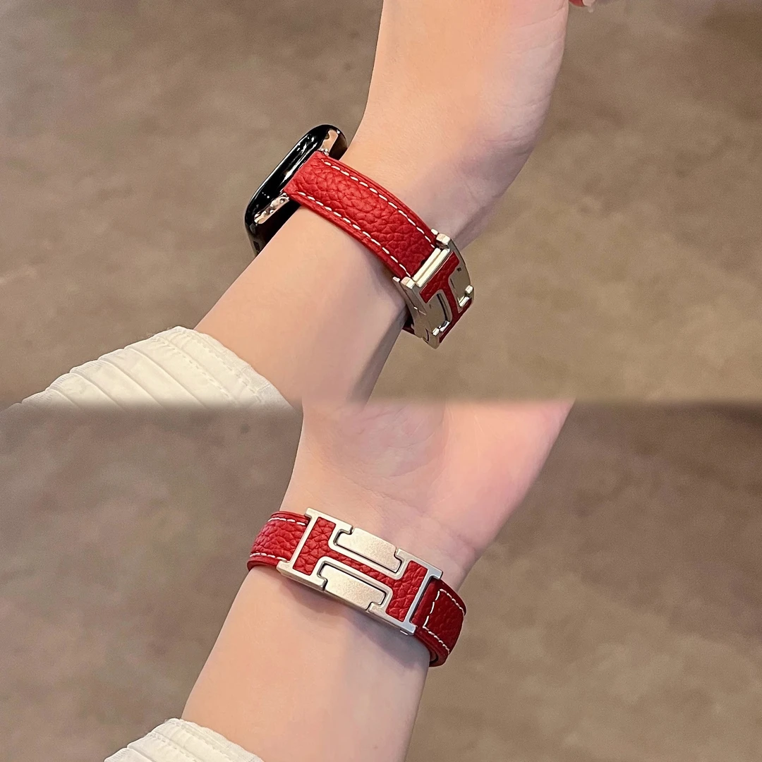 荔枝纹细边H磁吸扣真皮苹果手表表带适用于iwatchs9新款s10女生s8