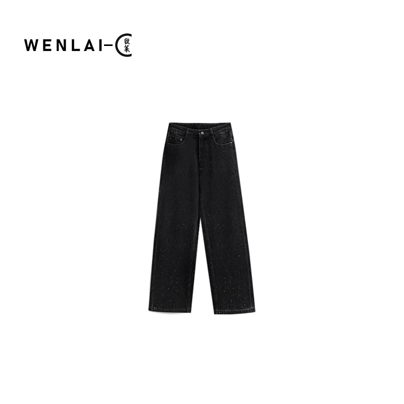 WENLAI-帅气轻摇滚2024秋季黑色烫钻高腰及地直筒牛仔裤-24713