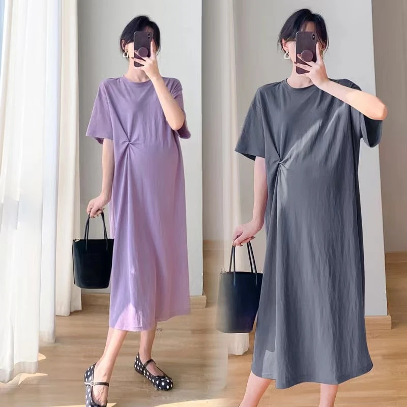 新款孕妇装夏装短袖T恤裙韩版宽松休闲时尚连衣裙中长款过膝长裙