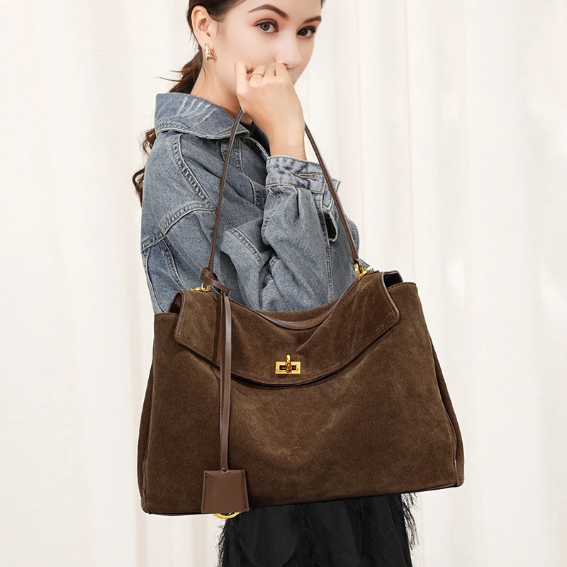 麂皮秋冬磨砂牛皮斜跨凯莉托特包真皮通勤大容量单肩手提腋下包