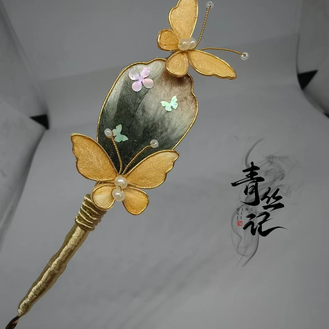【罗扇】螺钿非遗簪稿“明镜亦非台”桑蚕丝绒花古风饰品