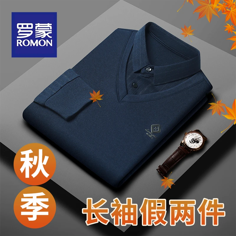 Romon/罗蒙秋季男士假两件针织衫商务休闲百搭舒适高弹抗皱POLO衫