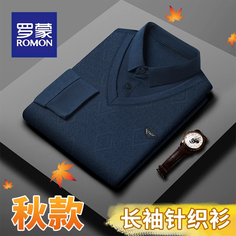 Romon/罗蒙秋季男士【时尚假两件】针织衫商务百搭休闲长袖POLO衫