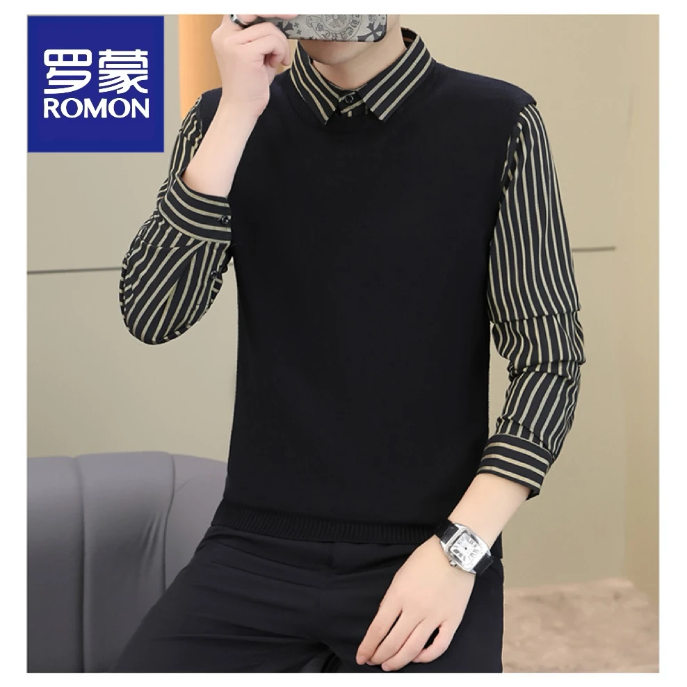 Romon/罗蒙男士条纹假两件衬衫经典百搭秋季保暖打底时尚潮流长袖
