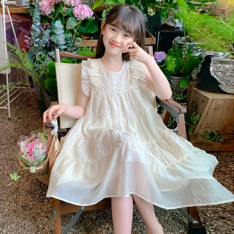 清凉夏装连衣裙2024新款儿童洋气甜美女孩夏季木耳边背心公主裙子