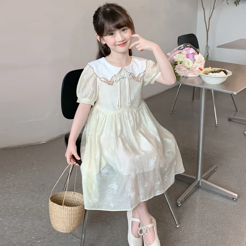 女童夏装中式连衣裙2024新款儿童洋气女孩夏季娃娃领蝴蝶公主裙子