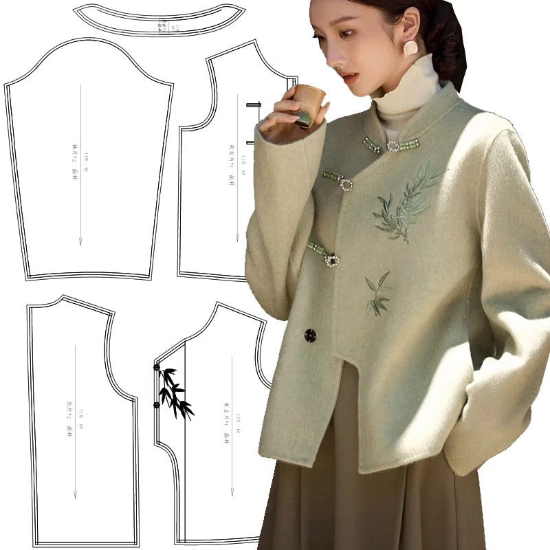 119服装裁剪图样板气质新中式双面羊绒大衣短款外套女打版纸样