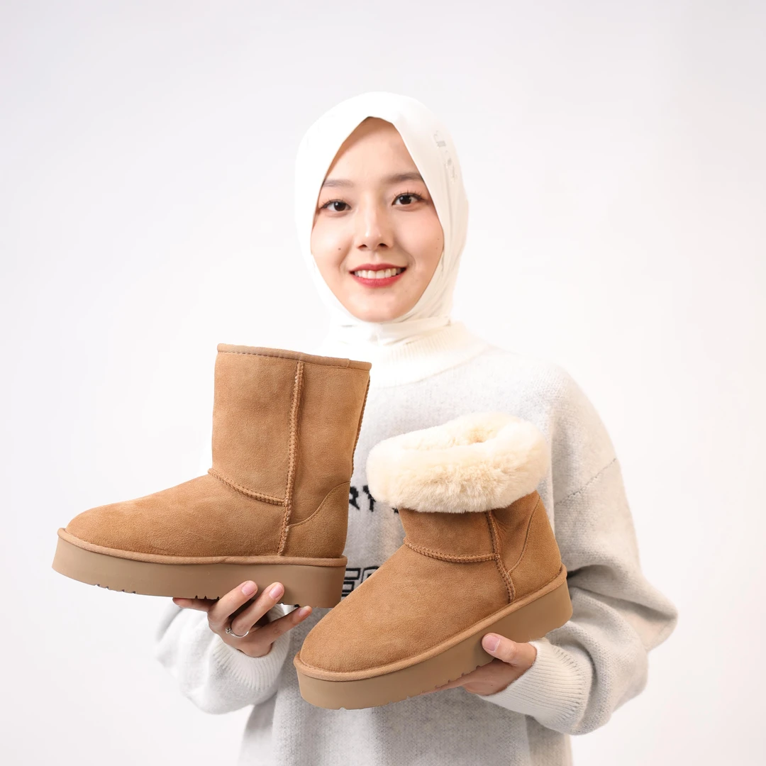 【厚底5825】桑坡中筒皮毛一体雪地靴女冬季真皮加厚时尚增高棉靴