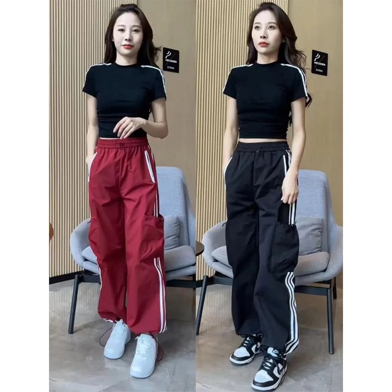 欧货显瘦三条杠抽绳口袋工装裤女2024秋季宽松条纹直筒拖地休闲裤