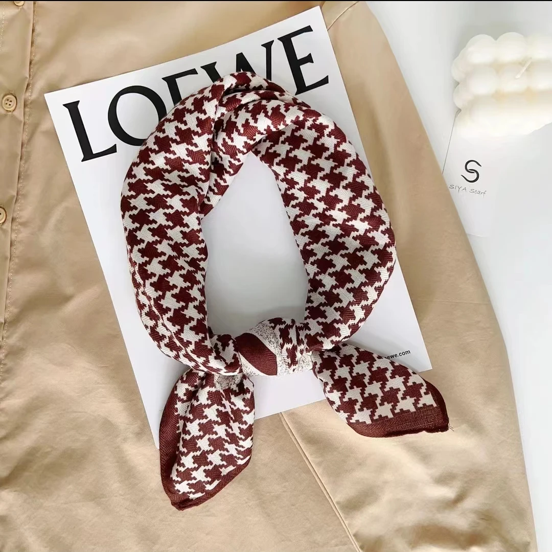 韩式秋冬薄款经典咖色千鸟格小围巾时尚百搭女士保暖护颈洋气围脖