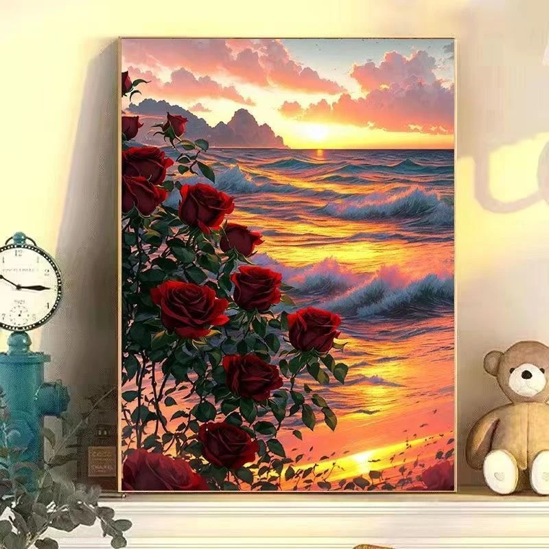 diy数字油画玫瑰手工填色油彩画治愈手工简约花卉客厅装饰画挂画