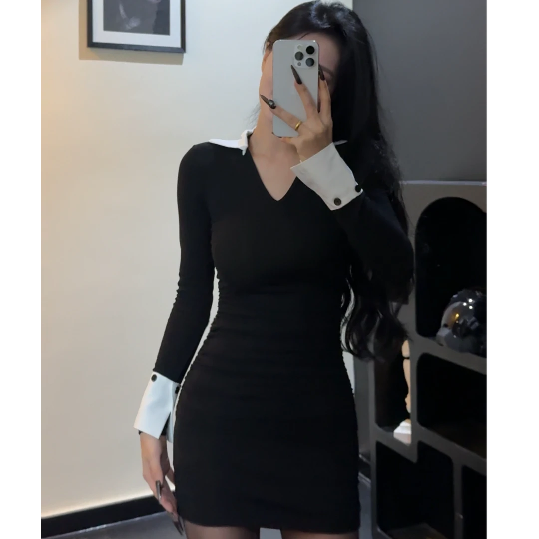 【大饼定制】黑色包衬衫领臀裙显瘦秋冬拼接撞色纯欲修身长袖连衣裙