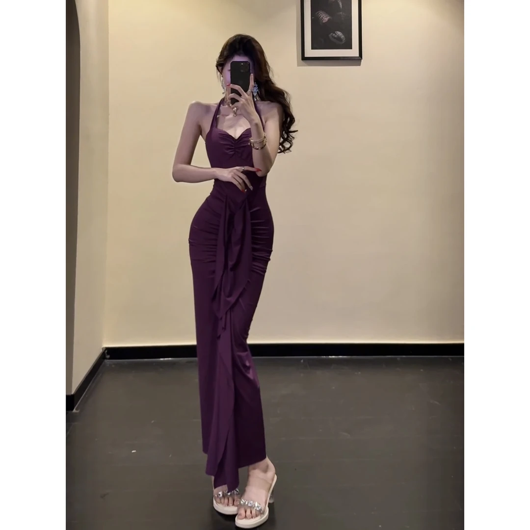 a00/f166【JOJO】法式复古名媛褶皱挂脖连衣长裙性感露背包臀晚礼裙