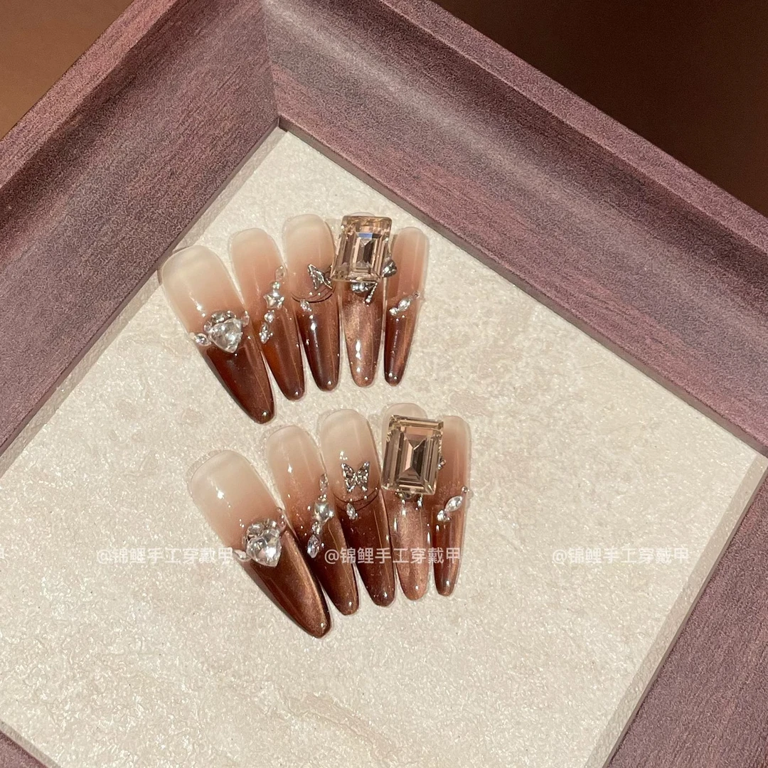 【珠光宝气】高级贵气感咖色方钻渐变斜边堆钻 锦鲤手工穿戴甲