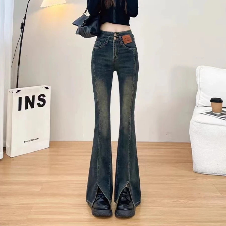 【48小时现货】黑色高腰开叉牛仔裤女显瘦阔腿拖地微喇叭裤子2023