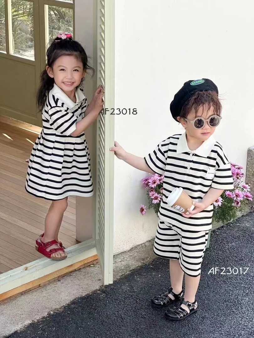 2023年童装夏季外穿polo裙子时尚简约洋气翻领儿童运动条纹夏款