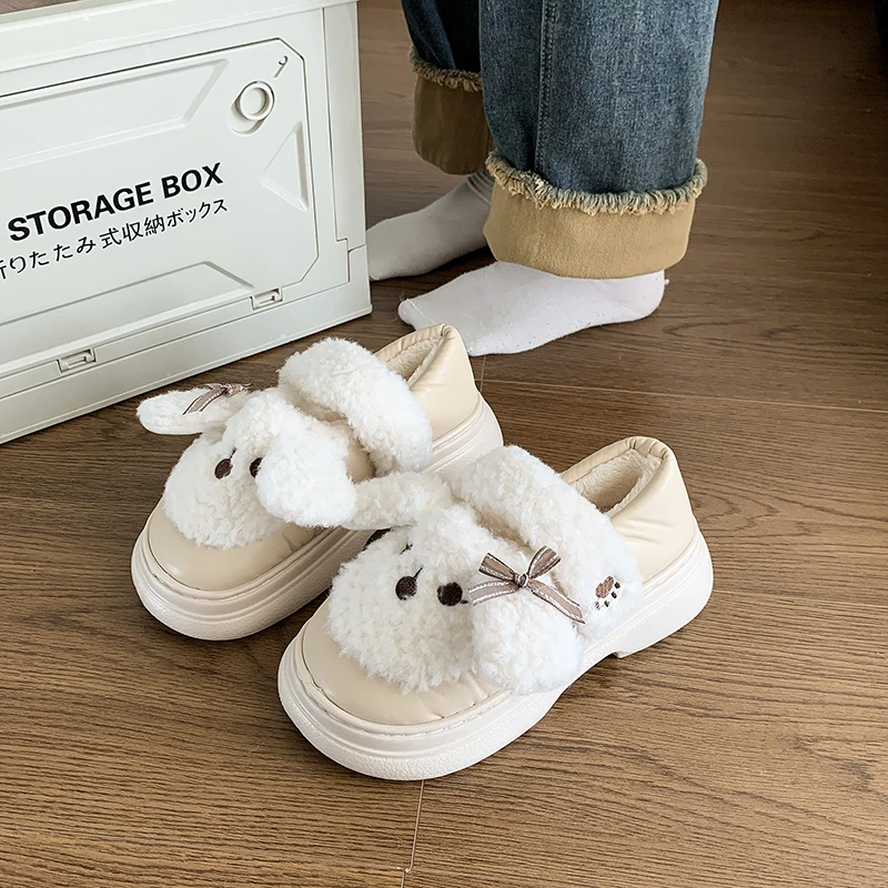 小狗蝴蝶结包跟冬季冬季可爱卡通网红款加绒保暖居家外穿棉拖皮质