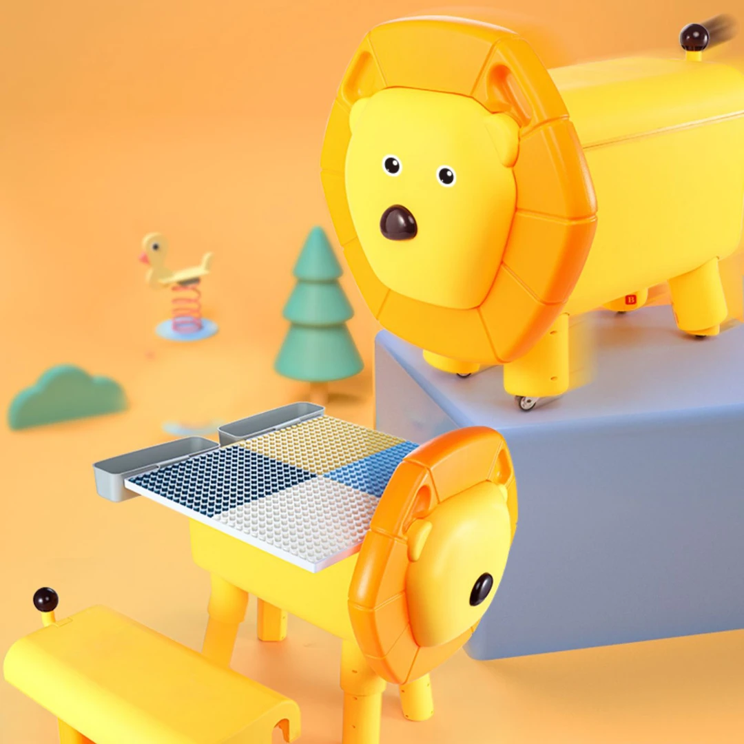 卡通狮子滑行多功能积木桌滑步车益智桌两用积木学习桌玩具