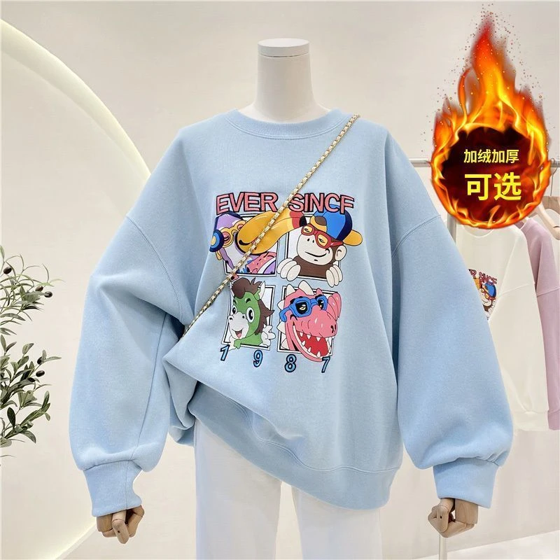 圆领卫衣学生春秋韩版套头长袖加绒加厚卡通印花秋冬季慵懒百搭潮
