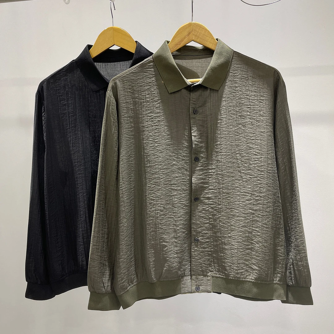 T现设计大牌秋季男士翻领皱褶衬衫潮牌INS休闲宽松开衫长袖衬衣