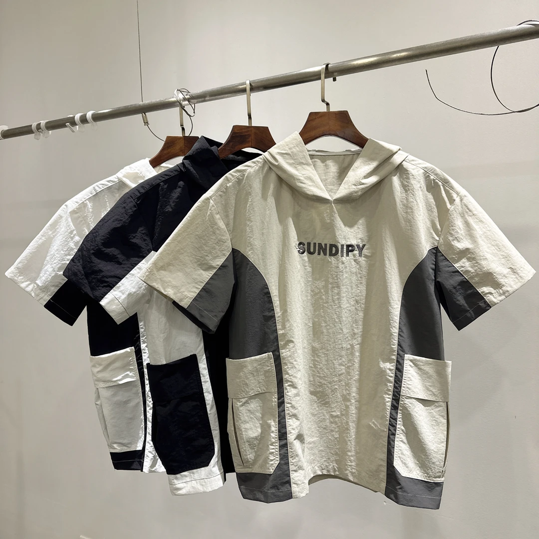现货拼色大口袋连帽短袖体恤潮流INS男士夏季拼接撞色宽松上衣T恤