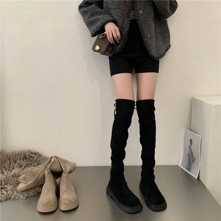 过膝长靴女靴厚底高筒靴秋冬季新款瘦瘦靴法式绒面弹力靴长筒靴女