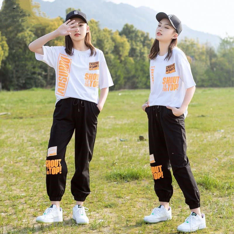 女童网红夏季套装学生洋气夏装儿童女孩中大童时尚运动宽松两件套