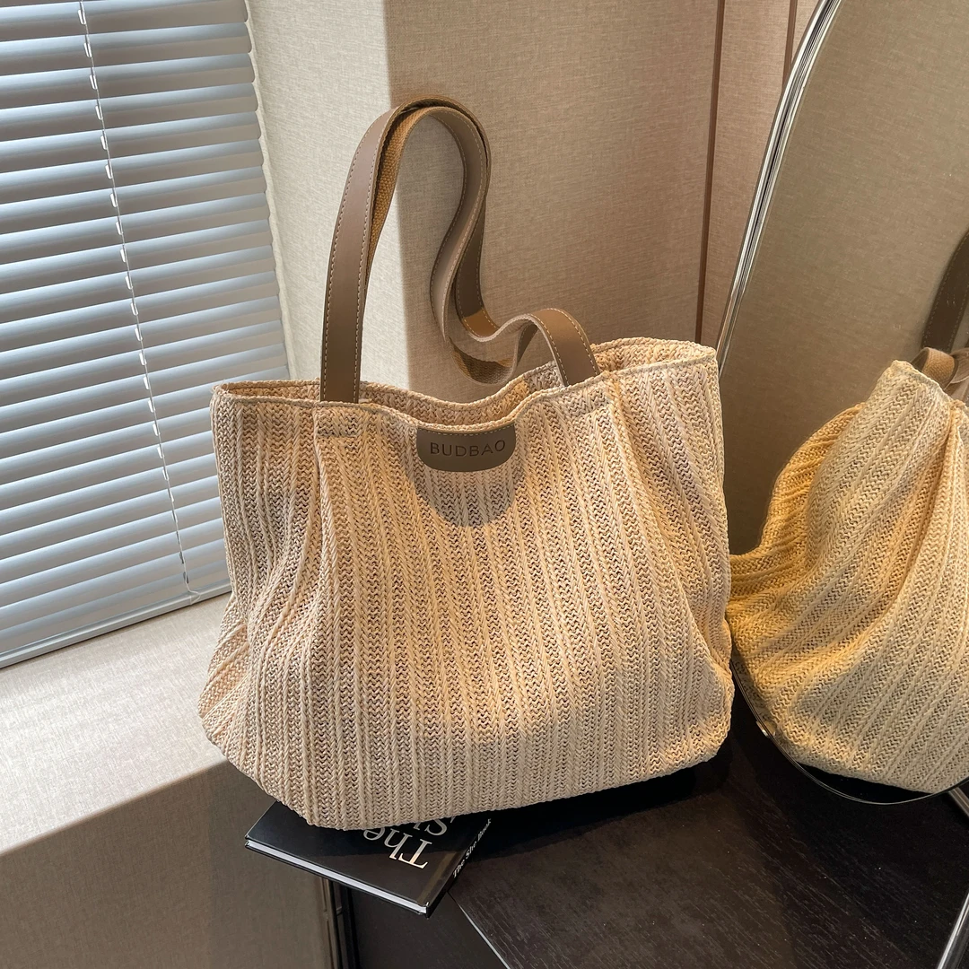 仙茉包包女2025新款夏天草编包托特包单肩包通勤大包大学生上课包