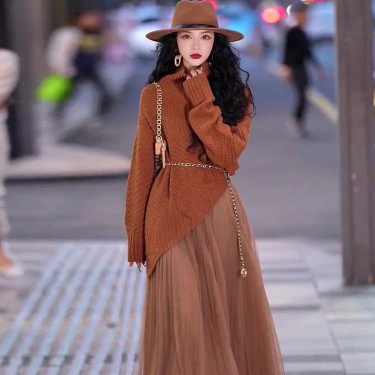 棕色针织上衣半身裙气质两件套女新款小香风今年流行洋气高级慵懒