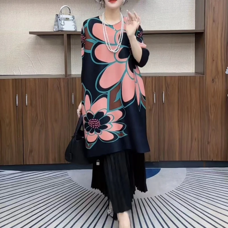 皇姿秀女装新款褶皱时尚潮流七分袖大码妈妈气质优雅连衣裙