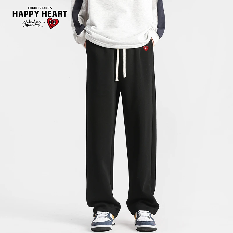 查尔斯桃心 小爱心休闲裤男女同款直筒宽松阔腿刺绣百搭运动长裤