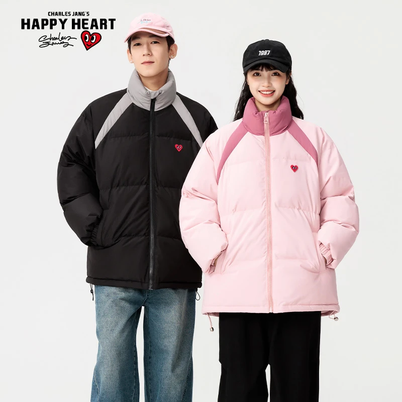 查尔斯桃心 立领拼色棉服男女同款情侣加厚保暖面包服宽松百搭