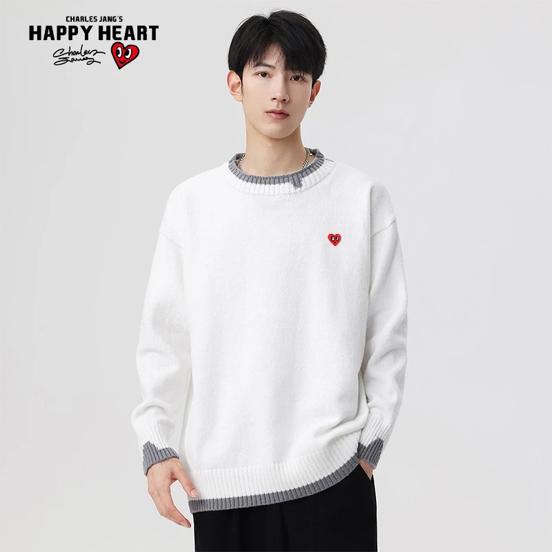 查尔斯桃心  毛衣假两件圆领套头针织毛衣秋冬刺绣爱心打底衫
