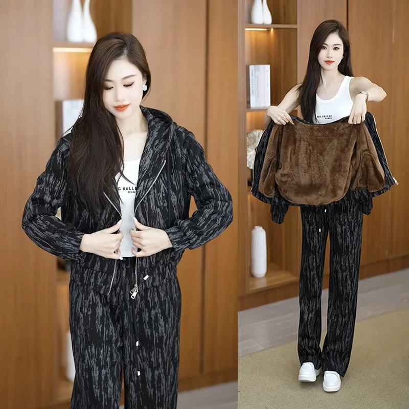 时尚加绒套装女秋冬2024新款显瘦休闲百搭款连帽外套阔腿裤两件套