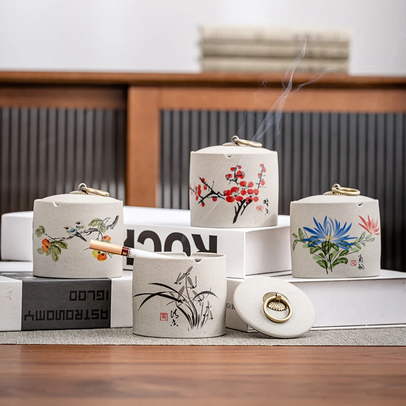 大号粗陶烟灰缸时尚家用办公室客厅带盖防飞灰风创意个性潮流烟缸