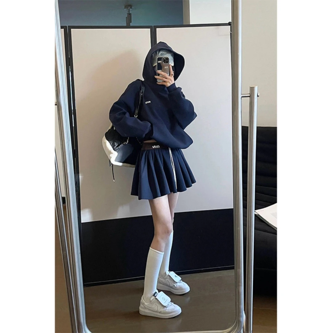 休闲套装女新款轻奢高级感盐系蓝色连帽卫衣百褶裙两件套显瘦