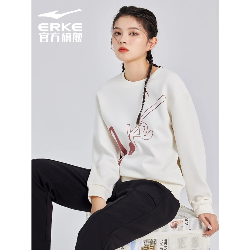 鸿星尔克女士连帽休闲套头衫宽松运动时尚印花卫衣52222302050