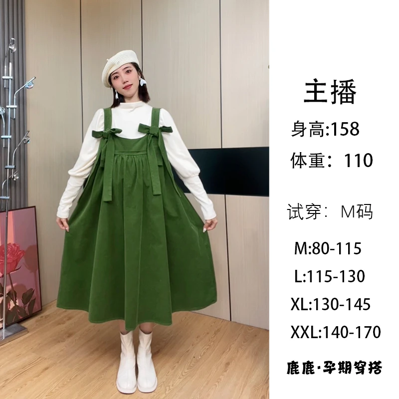 孕妇装韩版蝴蝶结背带裙秋冬加厚灯芯绒连衣裙设计感宽松两件裙子